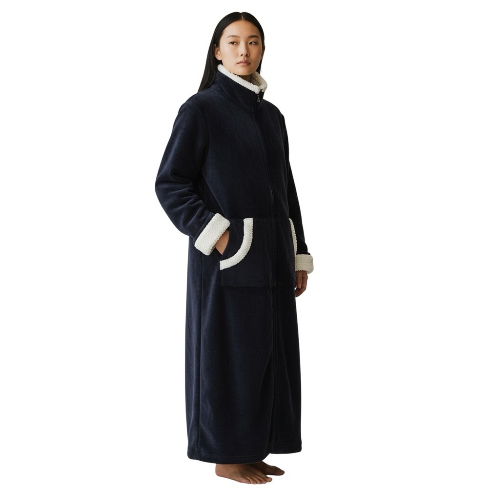MISS ELAINE Plush Black Maxi Fleece Robe Full Front Zip White Rope Trim Size XL - Picture 13 of 13